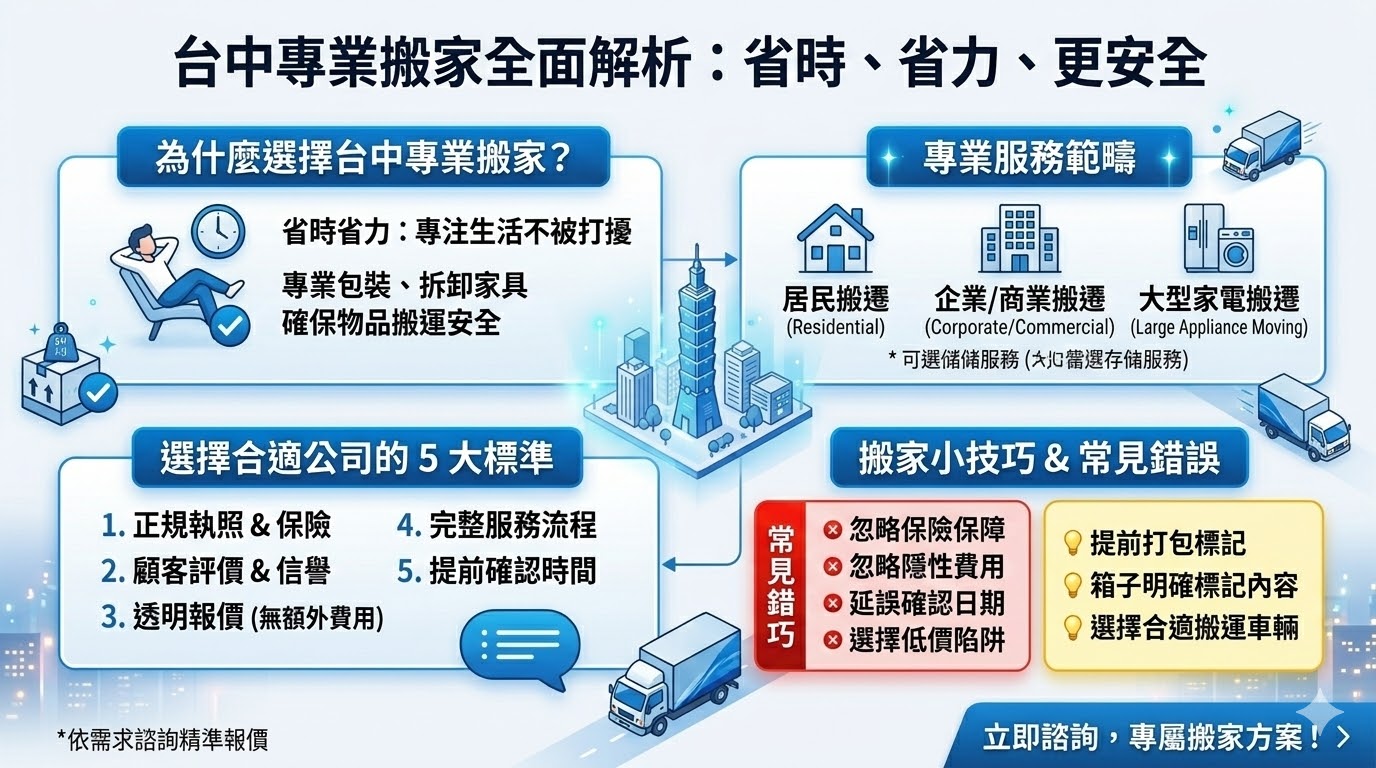台中搬家公司提供專業的搬遷服務，適用於家庭、企業及商業客戶。無論是搬家、辦公室搬遷還是長途搬遷，台中搬家公司都能提供全方位的解決方案，包括物品打包、運送、拆卸和安裝服務。專業的搬家團隊能確保搬遷過程中的物品安全，並提供透明的報價，避免隱藏費用，讓搬家過程更輕鬆、順利。選擇合適的台中搬家公司，能節省時間和精力，讓您輕鬆搬家，無後顧之憂。
