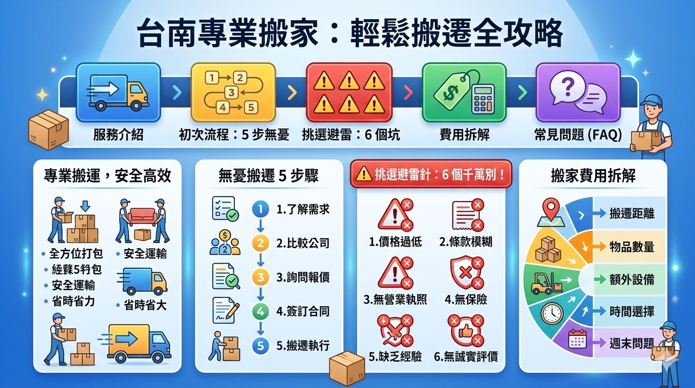 如果您在尋找搬家公司，台南的搬家服務可以為您提供全面的支持。無論是搬遷家庭還是辦公室，選擇一個專業的搬家公司不僅能確保您的物品在搬遷過程中不受損傷，還能讓您節省時間，減少搬家過程中的壓力。搬家公司會根據您的需求提供打包、運輸、安置等全方位服務，確保搬遷過程順利高效。選擇一家信譽良好的搬家公司，讓您的搬遷過程更加輕鬆省心。