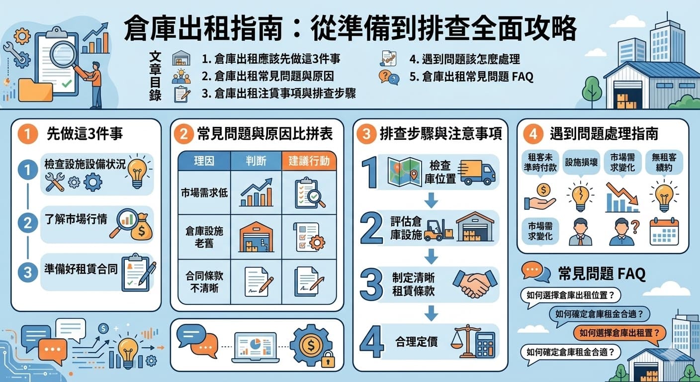 如果你正在考慮倉庫出租，這篇文章將幫助你了解倉庫出租的基本步驟、常見問題及解決方案。文章中將指導你如何挑選倉庫位置、定價以及設施檢查，還有遇到問題該如何處理。了解倉庫出租的流程，從檢查設施到市場需求分析，能幫助你在出租倉庫時避免常見的困難，讓出租過程更加順利