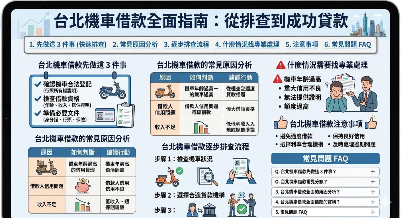 台北機車借款成為許多車主解決資金需求的途徑，但在借款過程中常見的問題可能讓你感到困惑。本文將從台北機車借款的基本準備、常見問題分析到借款流程逐步排查，幫助你了解如何順利完成借款。無論你是第一次借款還是有過經驗，這篇文章都提供了實用的建議與步驟，讓你借款無後顧之憂。
